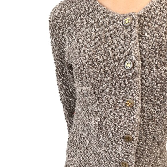 CHANEL Vintage 93A CC Mark Logo Button Long Coat #38 Greige Wool Pocket [105056] - Picture 3 of 13